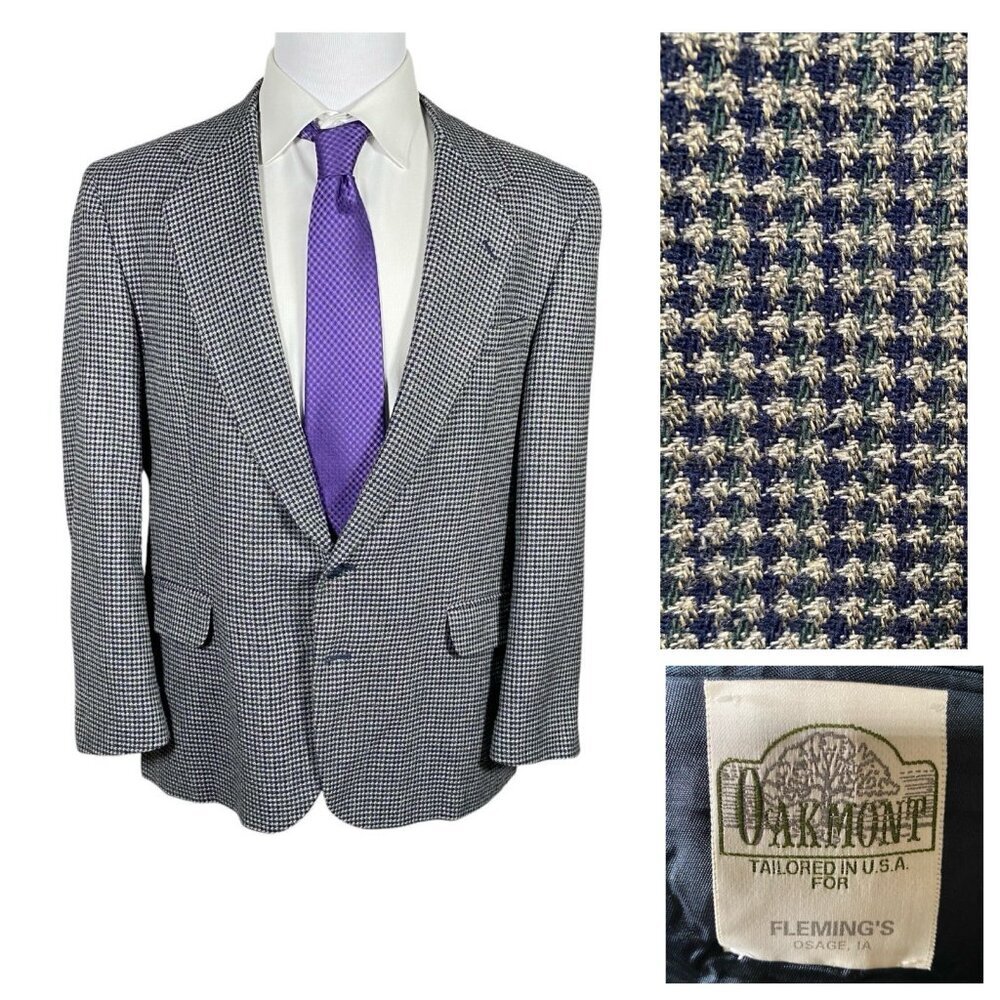 Vintage Oakmont Sport Coat Men's 44R Silver Blue Houndstooth Tweed Woven Blazer
